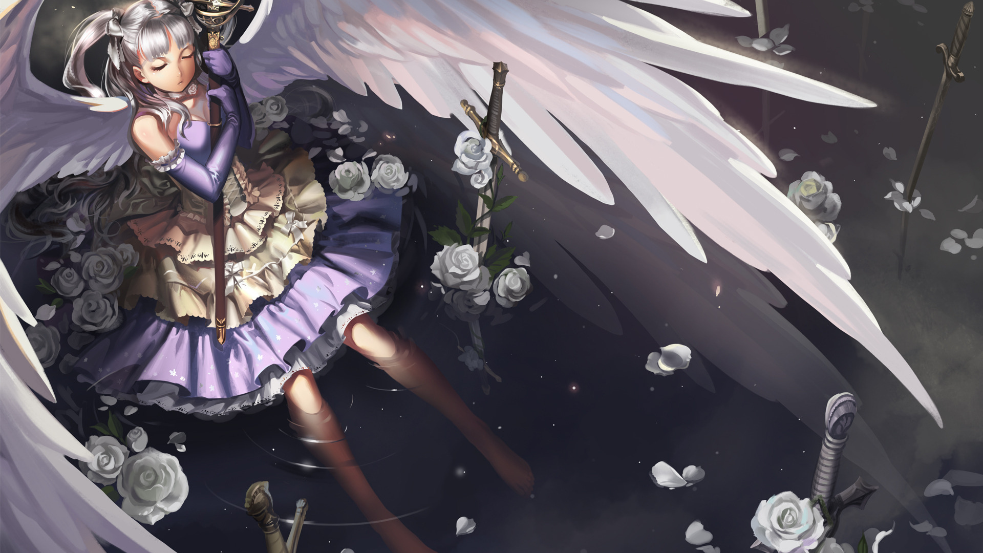 крылья, eternita, оружие, меч, девушка, розы, аниме