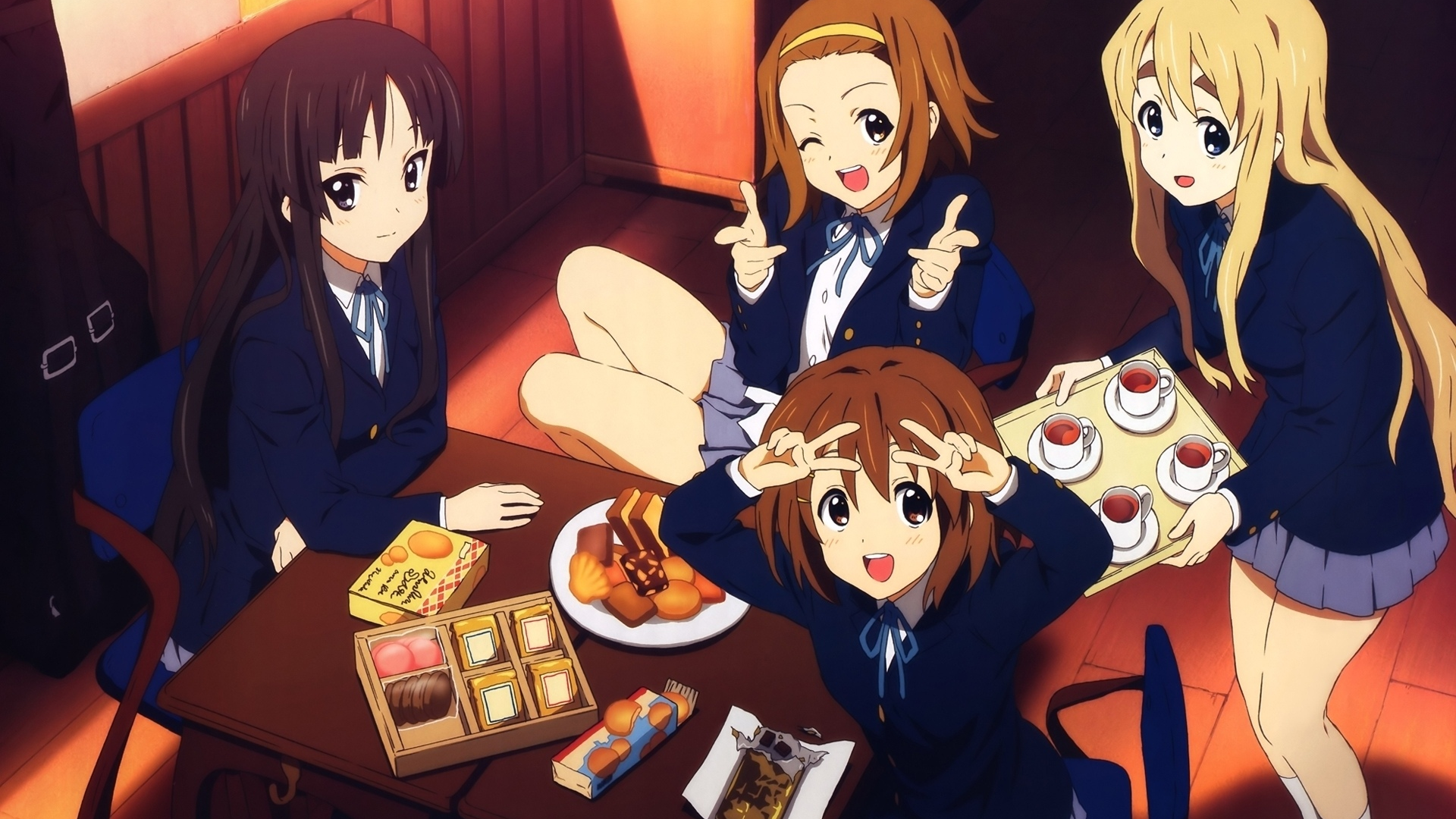 стол, девушки, k-on, чай, сладости, настроение, школьницы