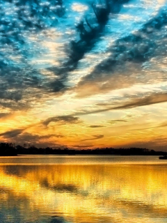 закат, оранжевый, отражение, река, тучи, вечер, небо, голубое