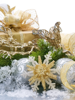 снежинка, лента, золотая, 1920х1200, подарок, шары, ветка