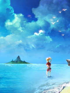 девочка, небо, море, птицы, аниме, островок, чайки, облака