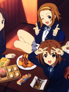 стол, девушки, k-on, чай, сладости, настроение, школьницы