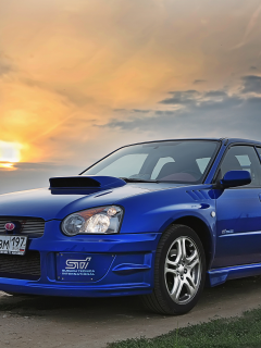 закат, subaru, auto, impreza, wrx sti, синяя