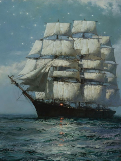 звёздное небо, clipper ship, штиль, звёзды, montague dawson, море, парусник, клипер, moonlit sea