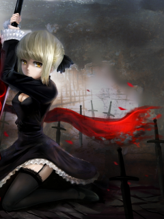 fate stay night, saber, платье, меч, чулки, windtalker, шарф, девушка, оружие, арт