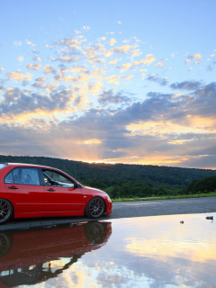 mitsubishi, лужа, отражение, дорога, lancer, митсубиси