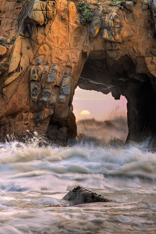 море, арка, камни, big sur, california, pfeiffer beach, скала, волны