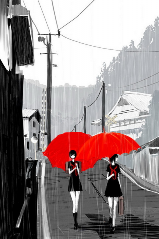 девушки, зонтики, аниме, улица
