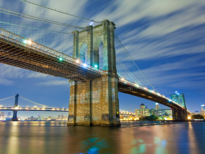 вода, огни, нью-йорк, мосты, бруклинский мост