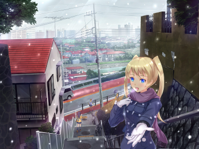 аниме, город, девочки, снег