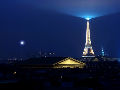 париж, ночь, эйфелева башня, подсветка, луна, освещение