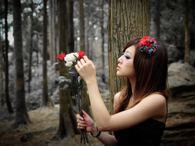 девушка, букет, лес, розы, бюнетка, цветы, азиатка, фото
