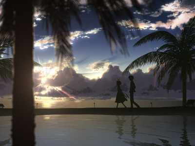 пейзаж, закат, пальмы, облака, парень, аниме, девушка, пляж