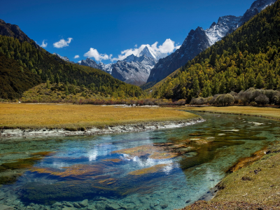 горы, лес, облака, река, небо