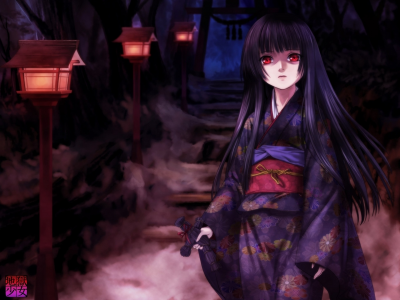 лестница, кимоно, ночь, красные глаза, адская девочка, enma ai, jigoku shoujo, фонари