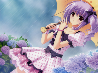 девушка, цветы, платье, дождь, зонтик, взгляд