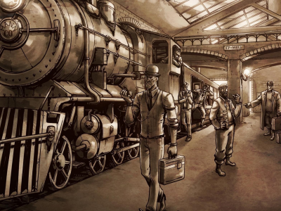 steampunk, вокзал, люди, паровоз, перрон