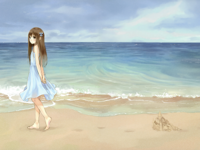 пляж, море, небо, девушка, аниме, песок