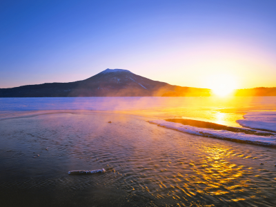 япония, озеро, гора, восход, солнце, хоккайдо