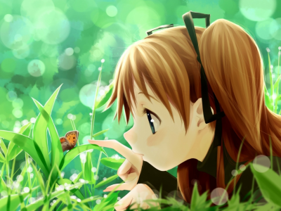 бабочка, аниме, девочка, лето, трава