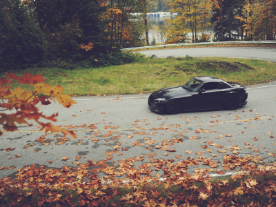 осень, поворот, листья, машина, дорога