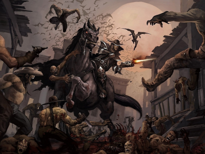 битва, darkwatch, конь, город, оружие, лошвдь, всадник, зомби, луна, трупы