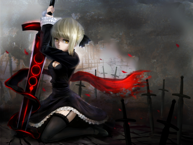 fate stay night, saber, платье, меч, чулки, windtalker, шарф, девушка, оружие, арт