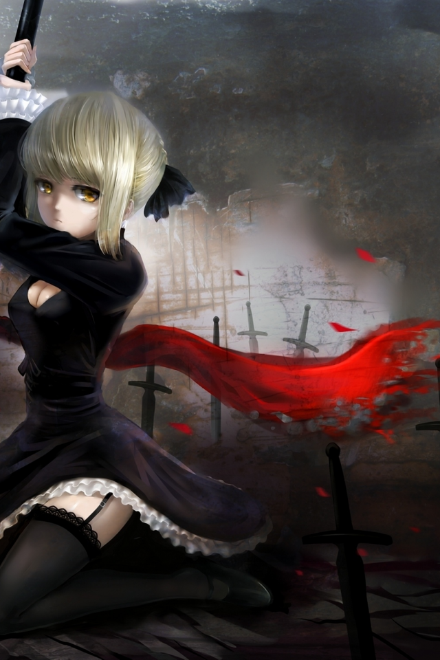 fate stay night, saber, платье, меч, чулки, windtalker, шарф, девушка, оружие, арт