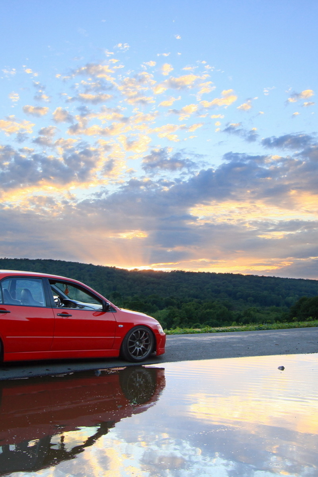 mitsubishi, лужа, отражение, дорога, lancer, митсубиси