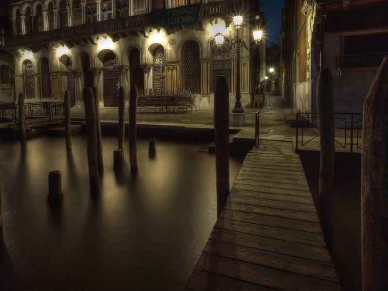 улица, вода, ночь, фонарь, венеция