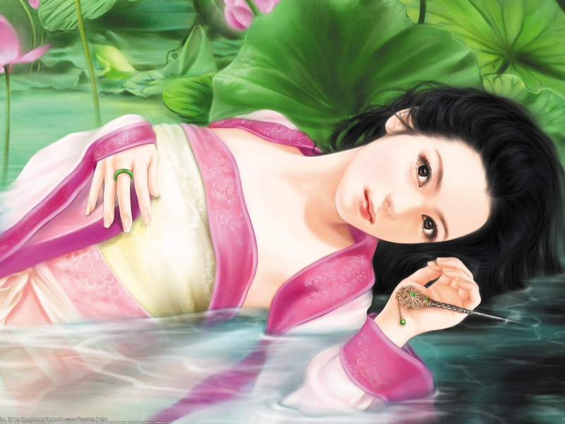 wen chen yen, арт, лежит, цветы, кольцо, кувшинки, девушка, листья, пруд, кимоно, вода
