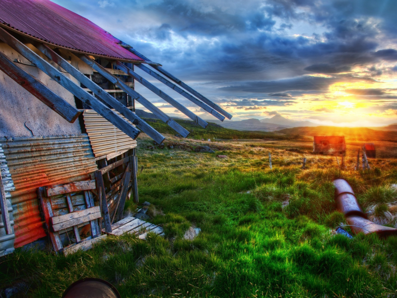 облака, sunrise, восход, the old farmhouse, старый дом