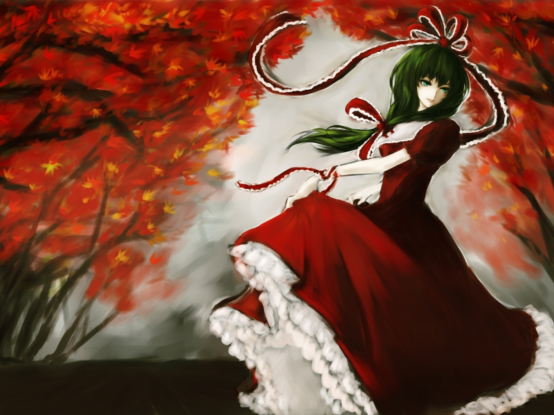 лента, платье, touhou, девушка, kagiyama hina, деревья, рисунок, осень