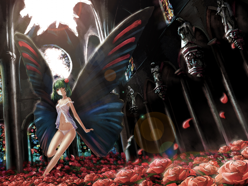 колонны, девушка, рисунок, крылья, свет, бабочка, mahou shoujo madoka magica, храм, розы, цветы