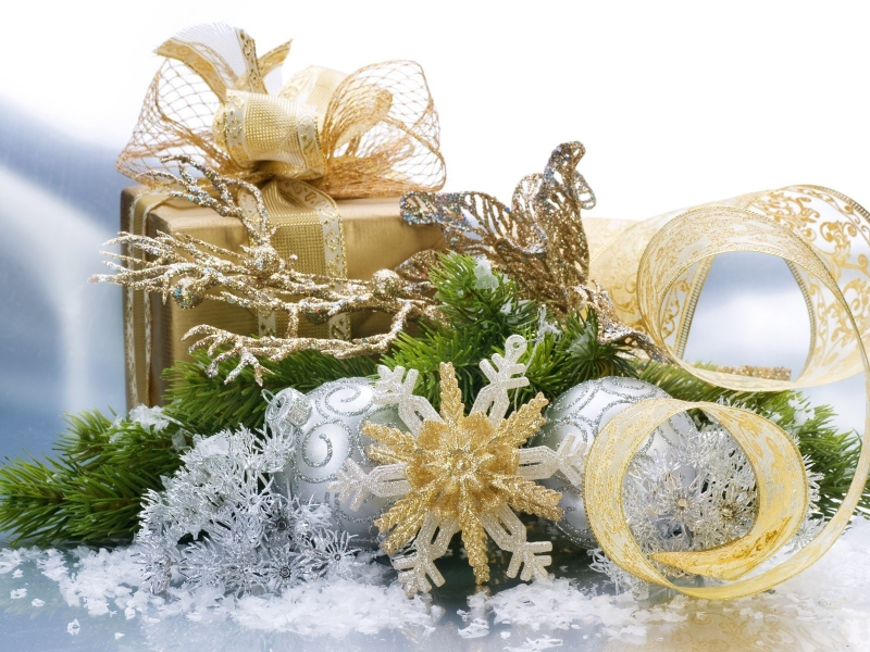 снежинка, лента, золотая, 1920х1200, подарок, шары, ветка