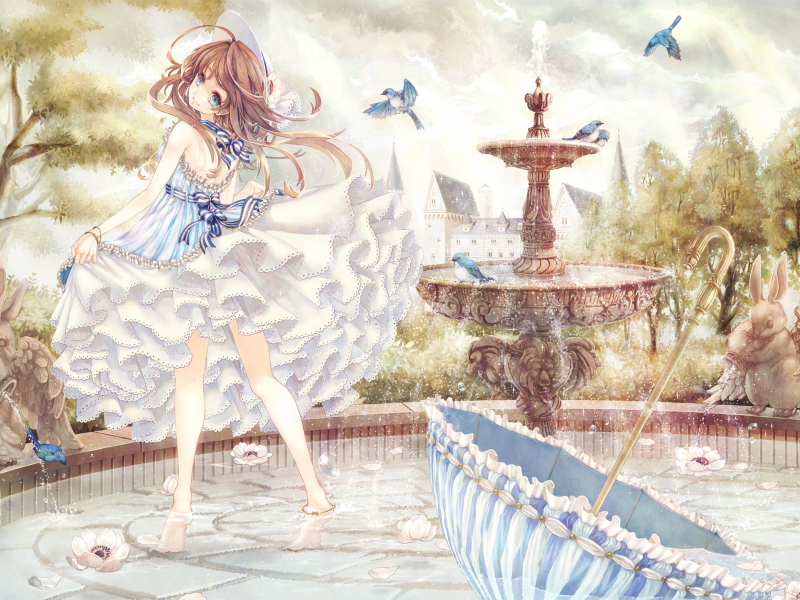зонтик, платье, особняк, деревья, шляпа, голубые глаза, длинные волосы, птицы, фонтан, девушка