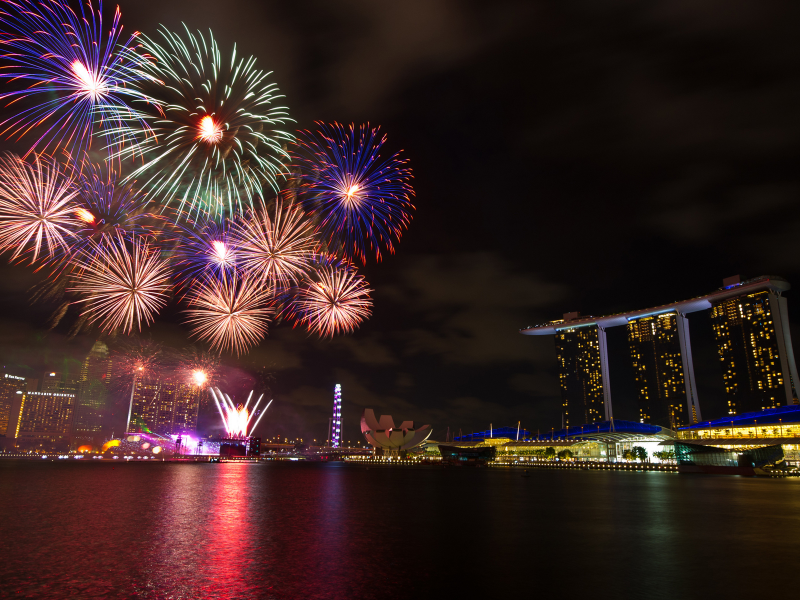 праздник, ночь, огни, салют, фейерверк, сингапур