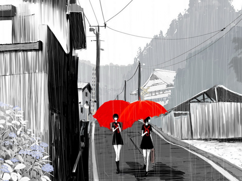девушки, зонтики, аниме, улица