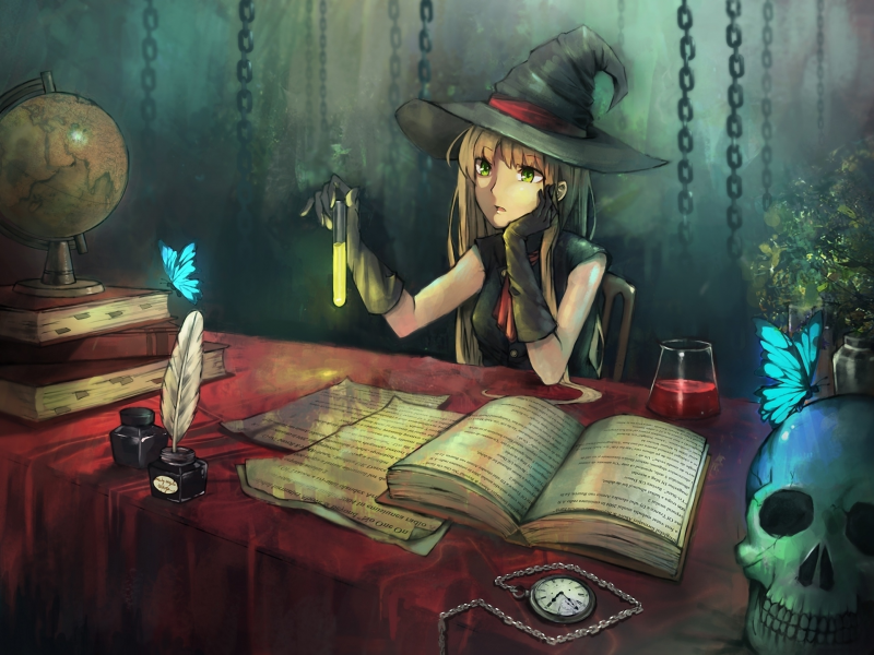 пробирка, глобус, череп, перчатки, шляпа, часы, зелье, бабочки, ведьма, книги