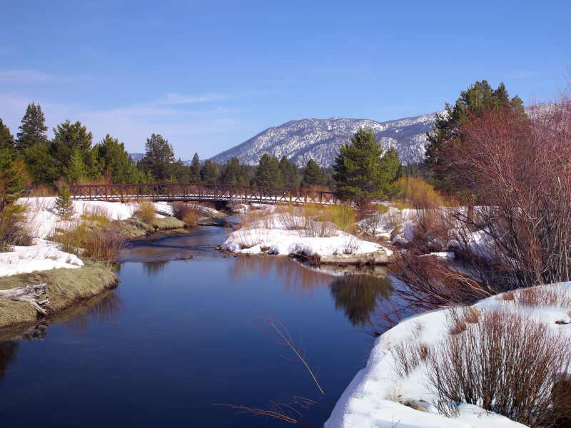 мостик, река, природа, зима
