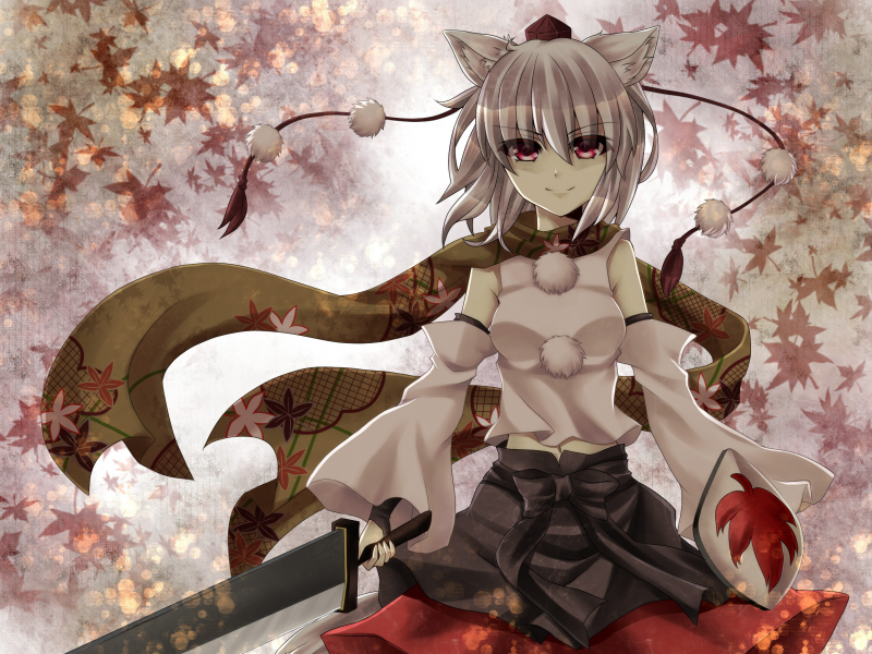 уши, ikeda hazuki, девушка, меч, touhou, листья, неко, щит, inubashiri momiji, шарф