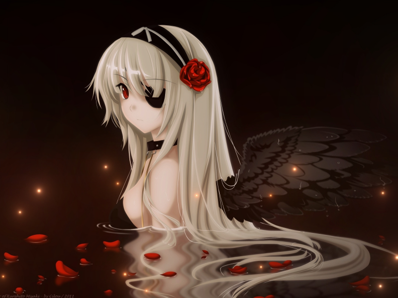 девушка, вода, темный ангел, крылья, лепестки, роза