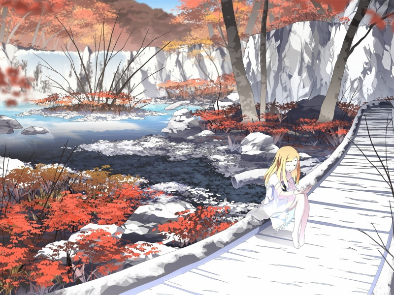 мост, asakura masatoki, рисунок, дорожка, осень, девочка, река