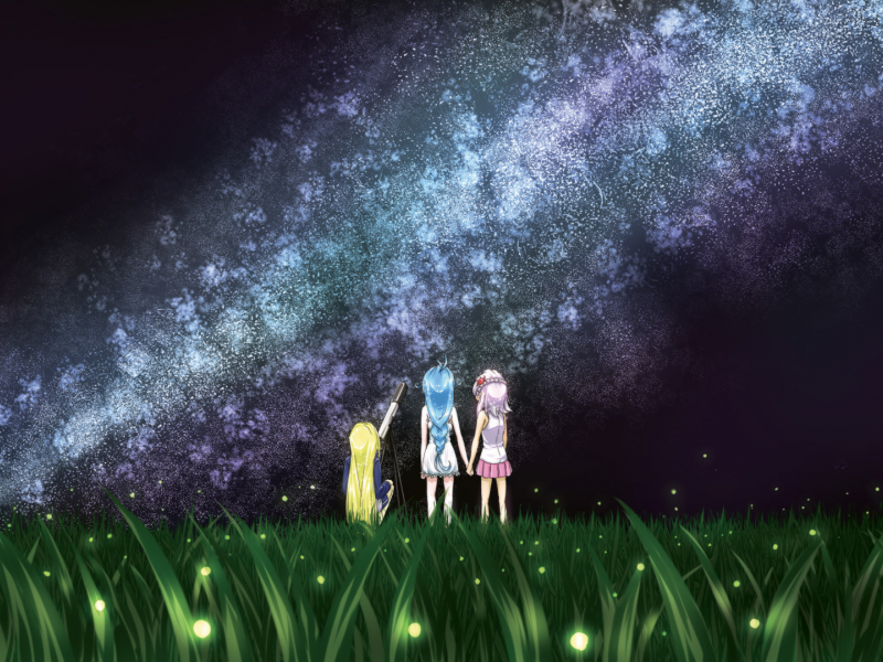 светлячки, телескоп, трава, звёзды, млечный путь, луг, девочки