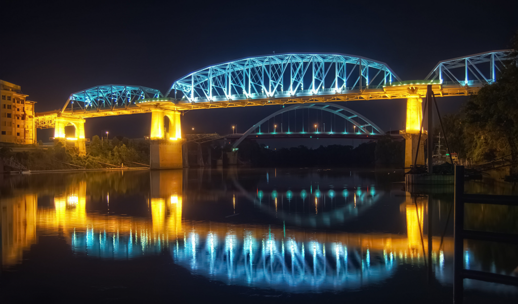 отражение, огни, вода, мост, река