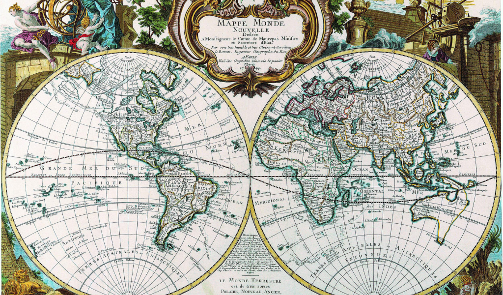 карта, древность, mappe monde, полушария, 1744