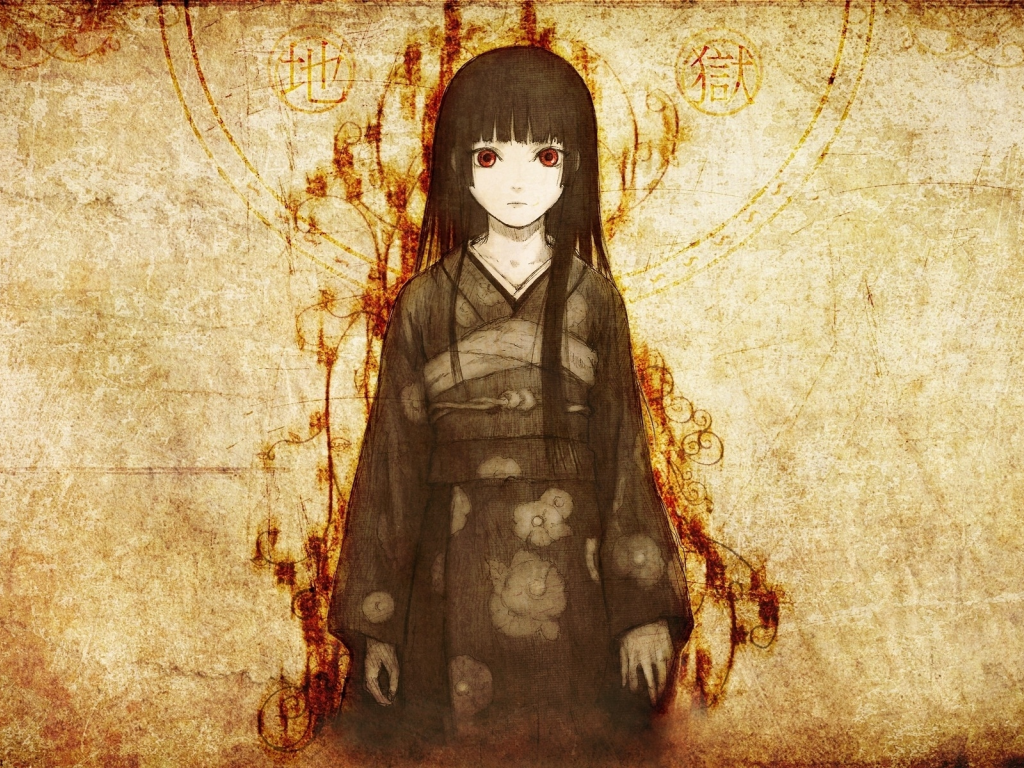 jigoku shoujo, девушка, art, арт, enma ai,, иероглифы, кимоно