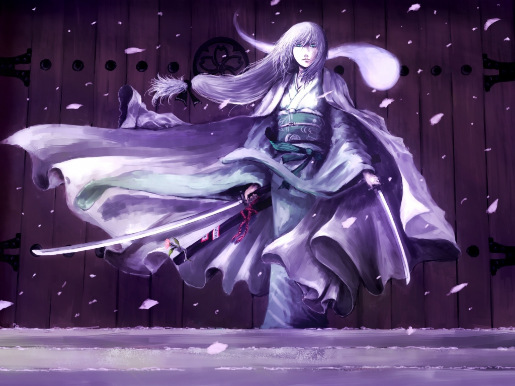 ворота, взгляд, konpaku youmu, катана, девушка, лепестки, меч, кимоно, цветок, оружие, touhou