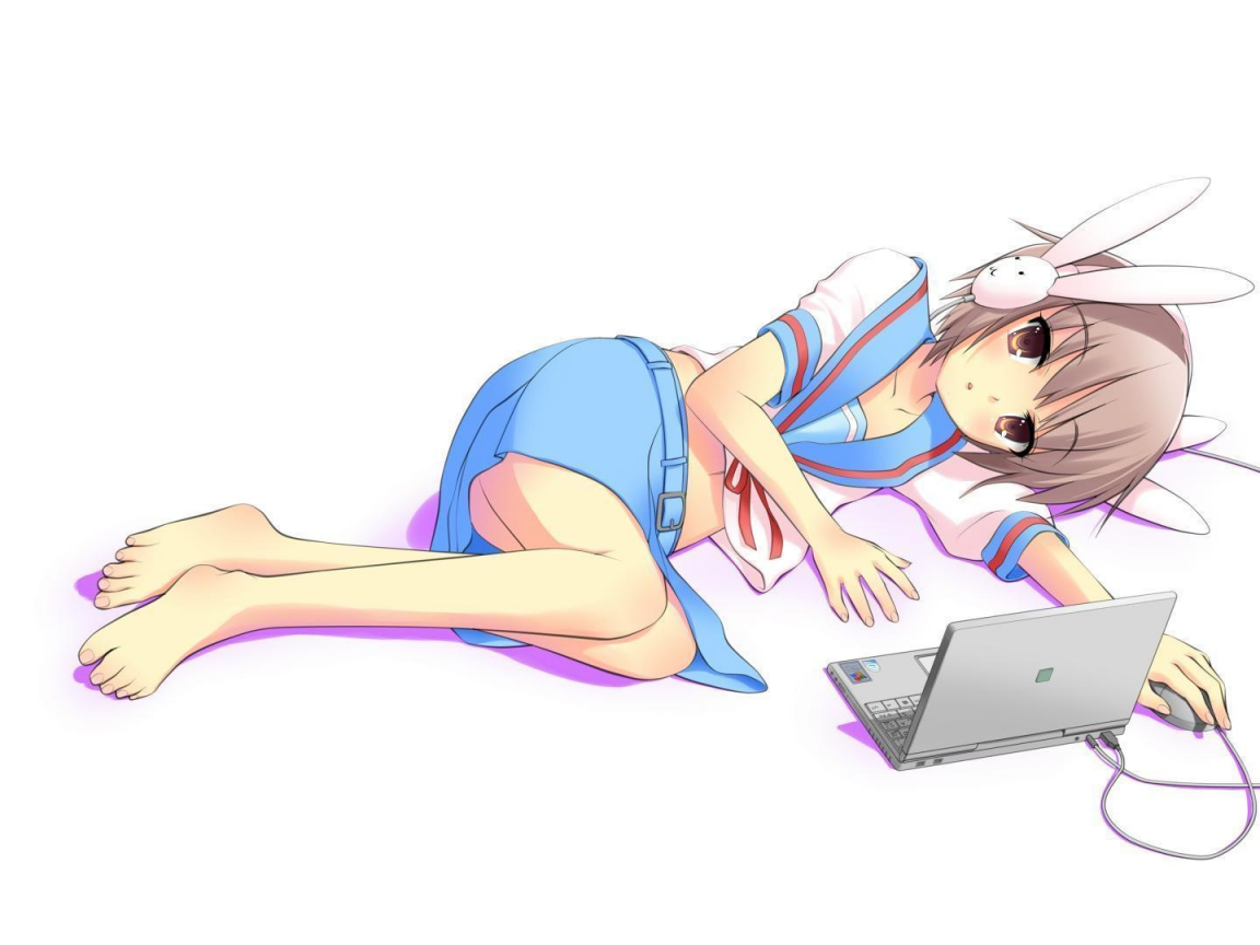 наушники, девочка, ноутбук, nagato yuki, аниме, настроение