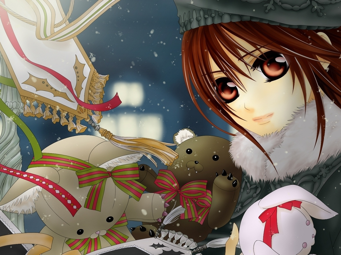 vampire knight, yuuki cross, игрушки, снег, рыцарь-вампир, медведи, зима, заяц